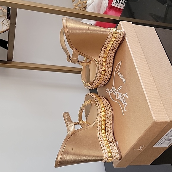 Christian Louboutin Gold Metallic Leather Cataclou Studded Wedges size 40 - Picture 7 of 7